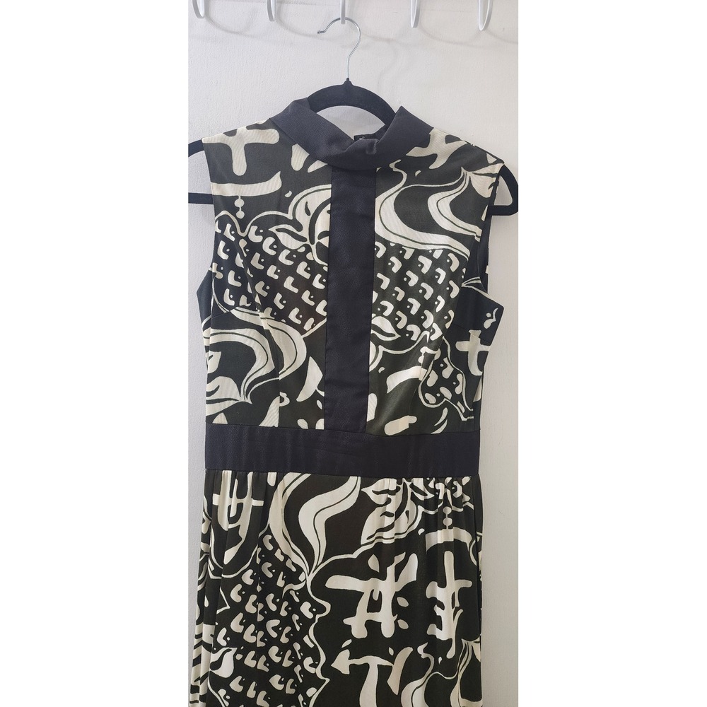 Kenny Classics Vintage Black White Calligraphy Print Maxi Dress Mock Neck Slit - Picture 2 of 9